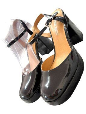 Nine West Black Patent Leather Mary Jane Block‎ Heel Shoes Size 6.5M